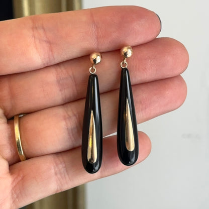 Estate 14KT Yellow Gold Long Teardrop Black Onyx Ball Dangle Earrings