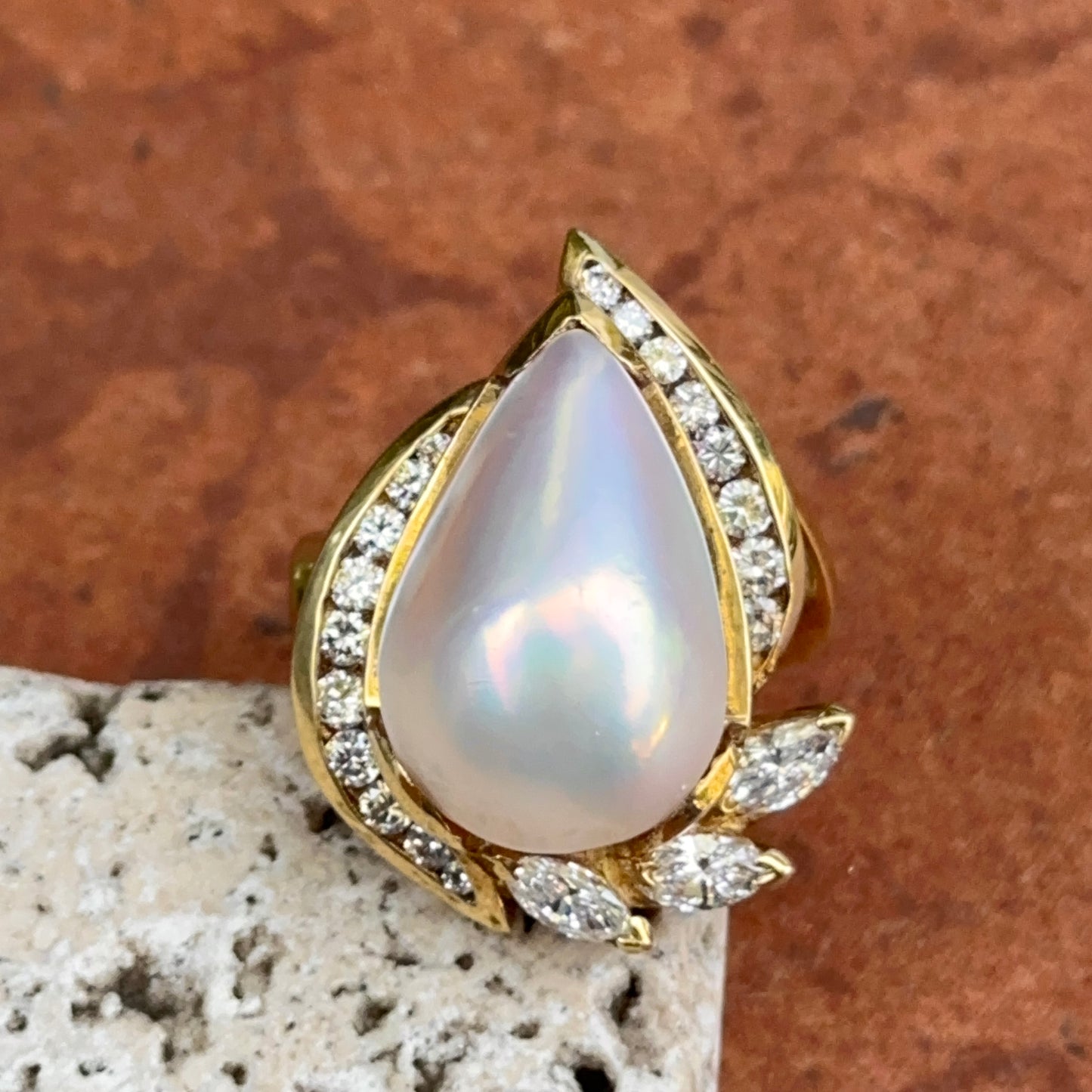 Estate 18KT Teardrop Mabe Pearl + Diamonds Ring
