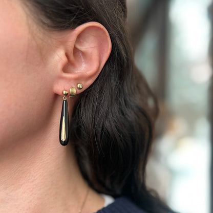 Estate 14KT Yellow Gold Long Teardrop Black Onyx Ball Dangle Earrings