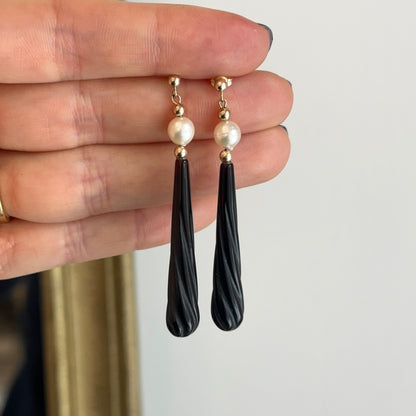 Estate 14KT Yellow Gold Long Teardrop Black Onyx + Cultured Pearl Earrings