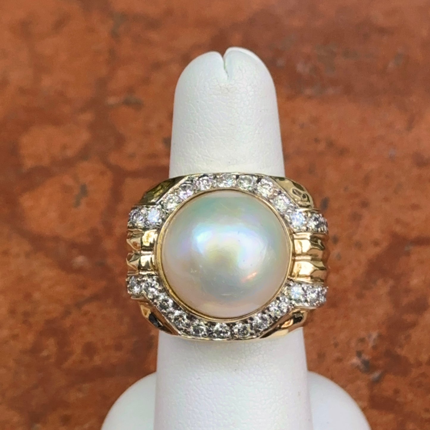 Estate 14KT Yellow Gold Round Bezel Set Mabe Pearl + Diamonds Ring