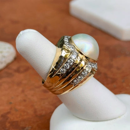 Estate 14KT Yellow Gold Round Bezel Set Mabe Pearl + Diamonds Ring