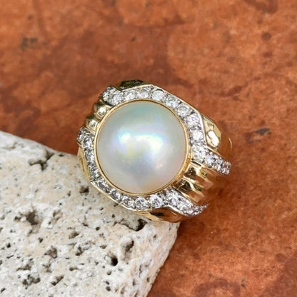Estate 14KT Yellow Gold Round Bezel Set Mabe Pearl + Diamonds Ring
