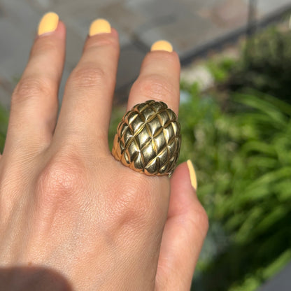 Estate 18KT Yellow Gold Modernist Basketweave Domed Ring