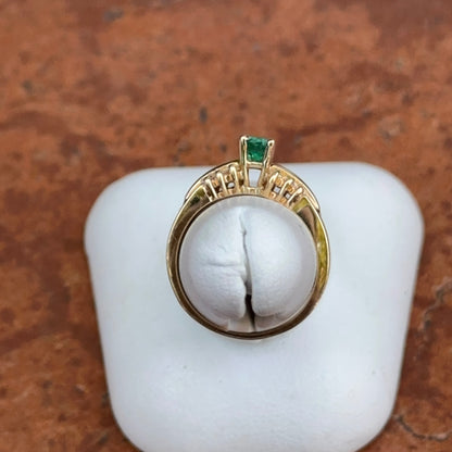 Estate 14KT Yellow Gold Oval Emerald + Round Diamond Ring