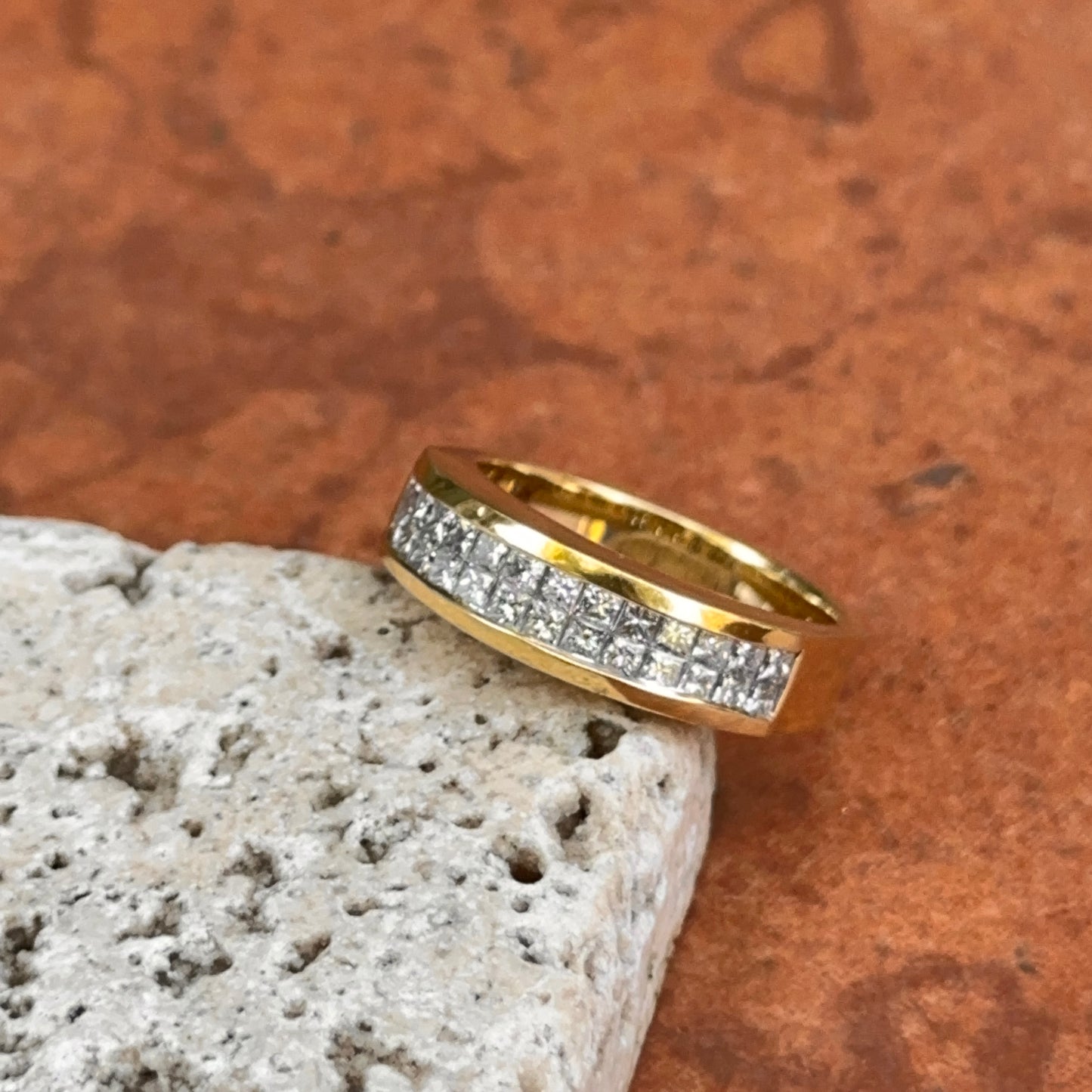 Estate 18KT Yellow Gold 2 Row Invisible-Set Princess-Cut Diamond Band Ring