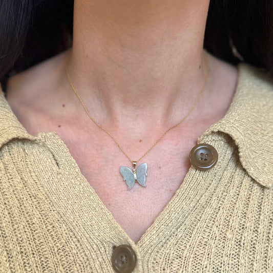 14KT Yellow Gold Celadon Pale Jade Butterfly Pendant Charm 20mm