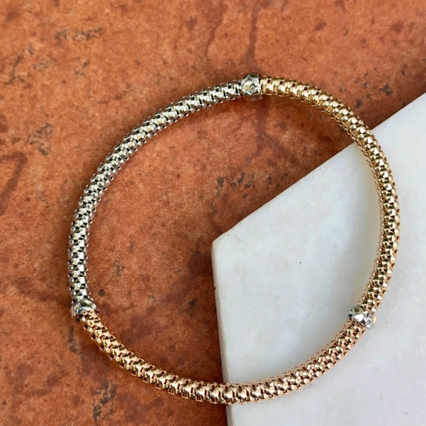 14KT Yellow, White + Rose Gold Mesh Slip-On Bracelet