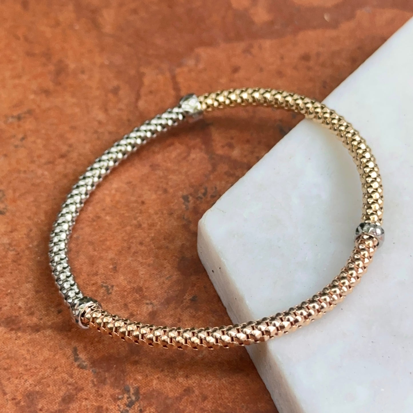 14KT Yellow, White + Rose Gold Mesh Slip-On Bracelet