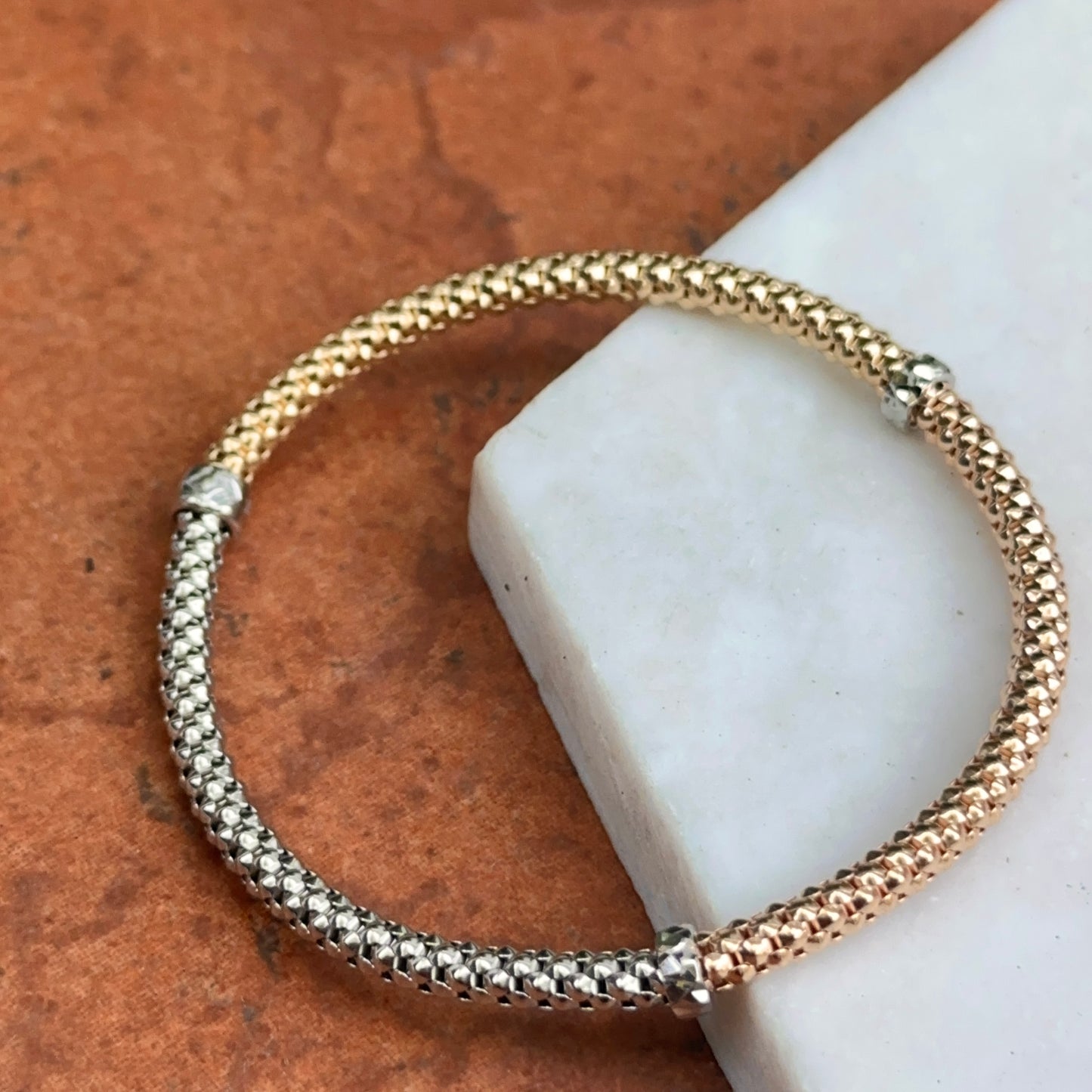14KT Yellow, White + Rose Gold Mesh Slip-On Bracelet