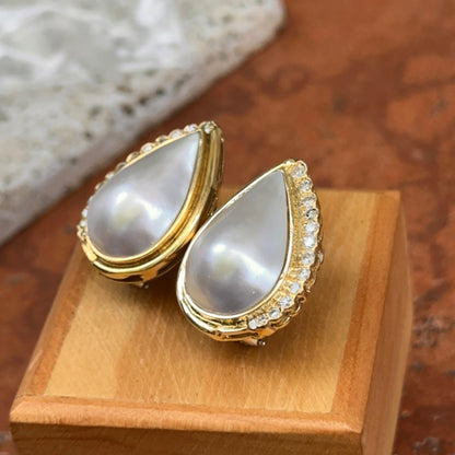 Estate 18KT Yellow Gold Teardrop Mabe Pearl + Diamond Omega Earrings