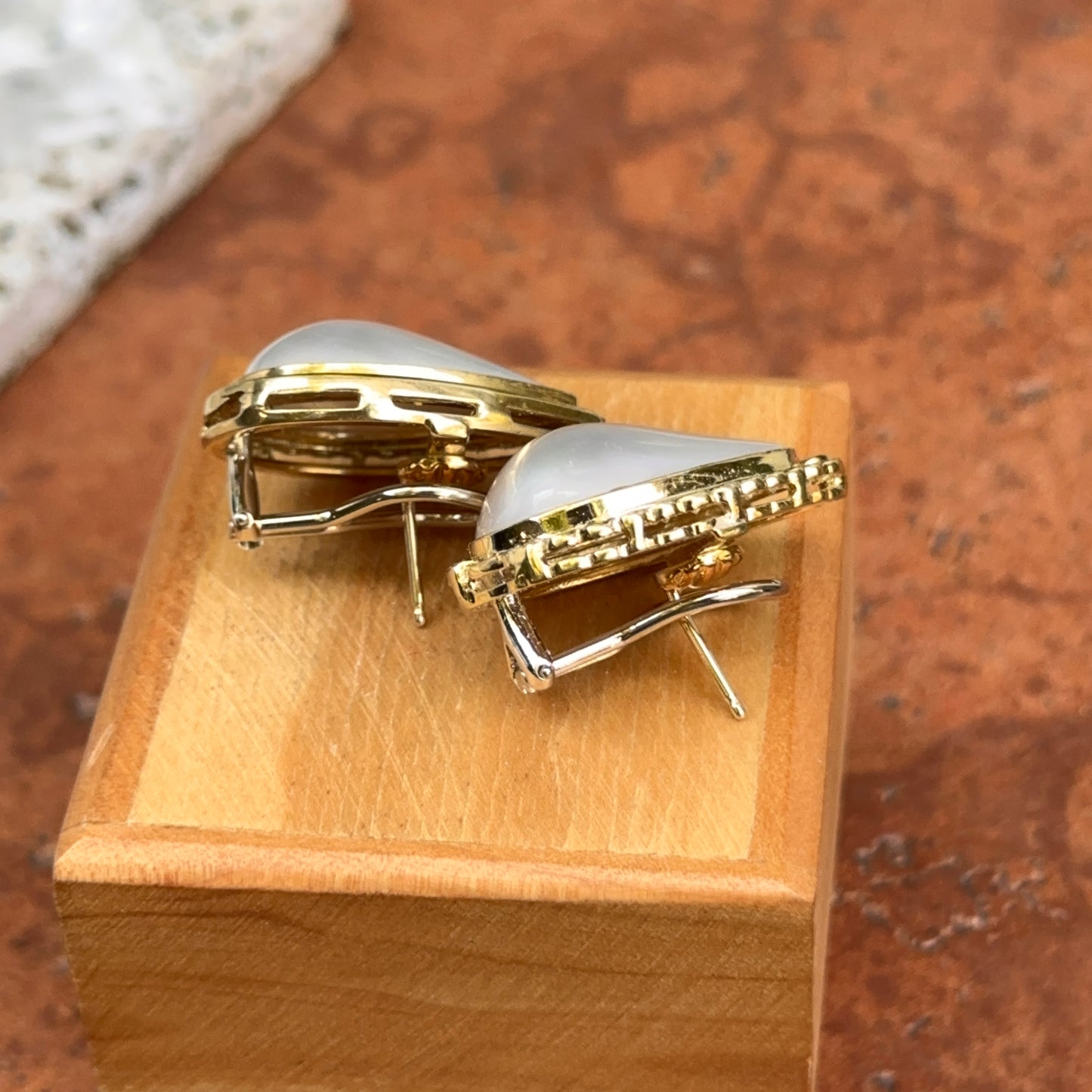 Estate 18KT Yellow Gold Teardrop Mabe Pearl + Diamond Omega Earrings