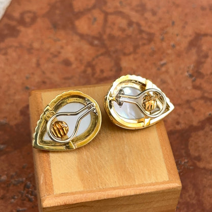 Estate 18KT Yellow Gold Teardrop Mabe Pearl + Diamond Omega Earrings