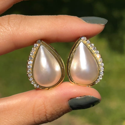 Estate 18KT Yellow Gold Teardrop Mabe Pearl + Diamond Omega Earrings