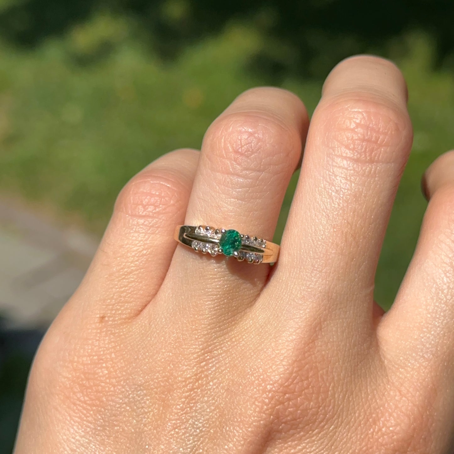 Estate 14KT Yellow Gold Oval Emerald + Round Diamond Ring