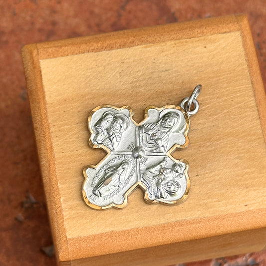 Sterling Silver Platinum-Plated Gold Border 4-was Medal Cross Pendant Charm 35mm