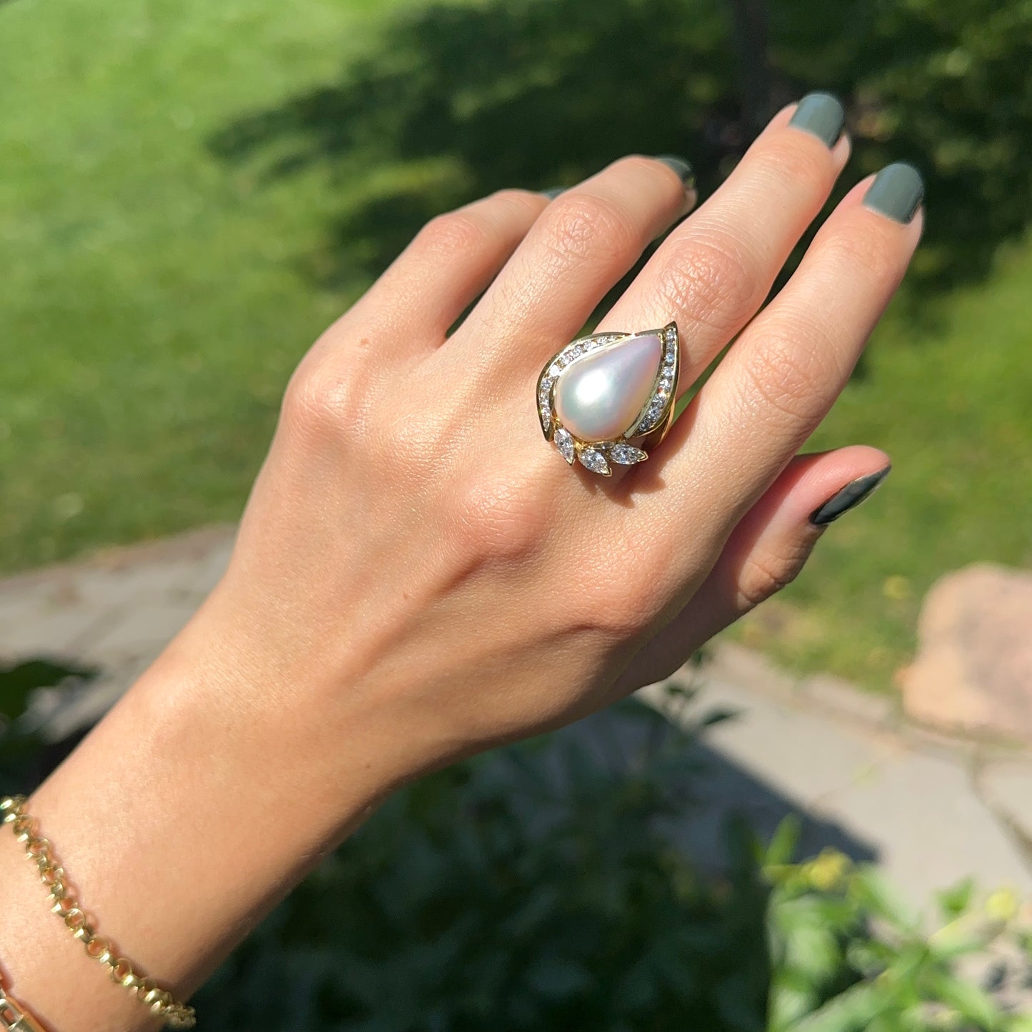 Estate 18KT Teardrop Mabe Pearl + Diamonds Ring