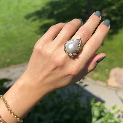 Estate 18KT Teardrop Mabe Pearl + Diamonds Ring
