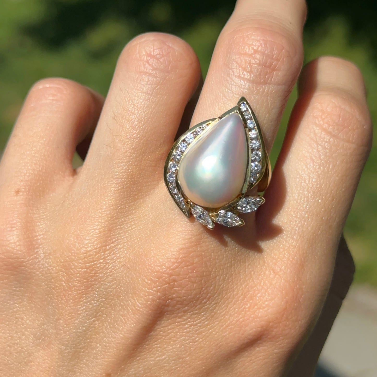 Estate 18KT Teardrop Mabe Pearl + Diamonds Ring