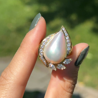 Estate 18KT Teardrop Mabe Pearl + Diamonds Ring