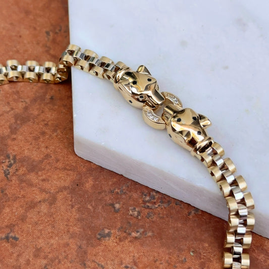 14KT Yellow Gold Double Panther Head CZ Brick Link Bracelet