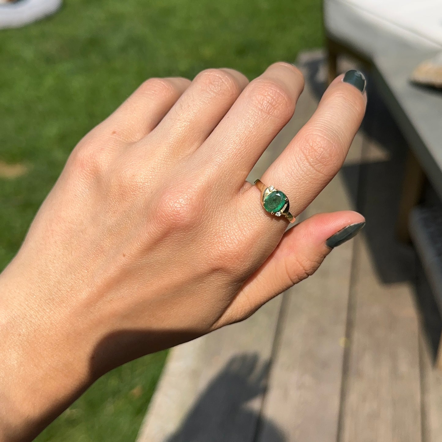 10KT Yellow Gold Oval Emerald + Round Diamond Abstract Ring