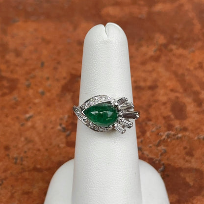 14KT White Gold Pear Cabochon Emerald + Diamonds Ring