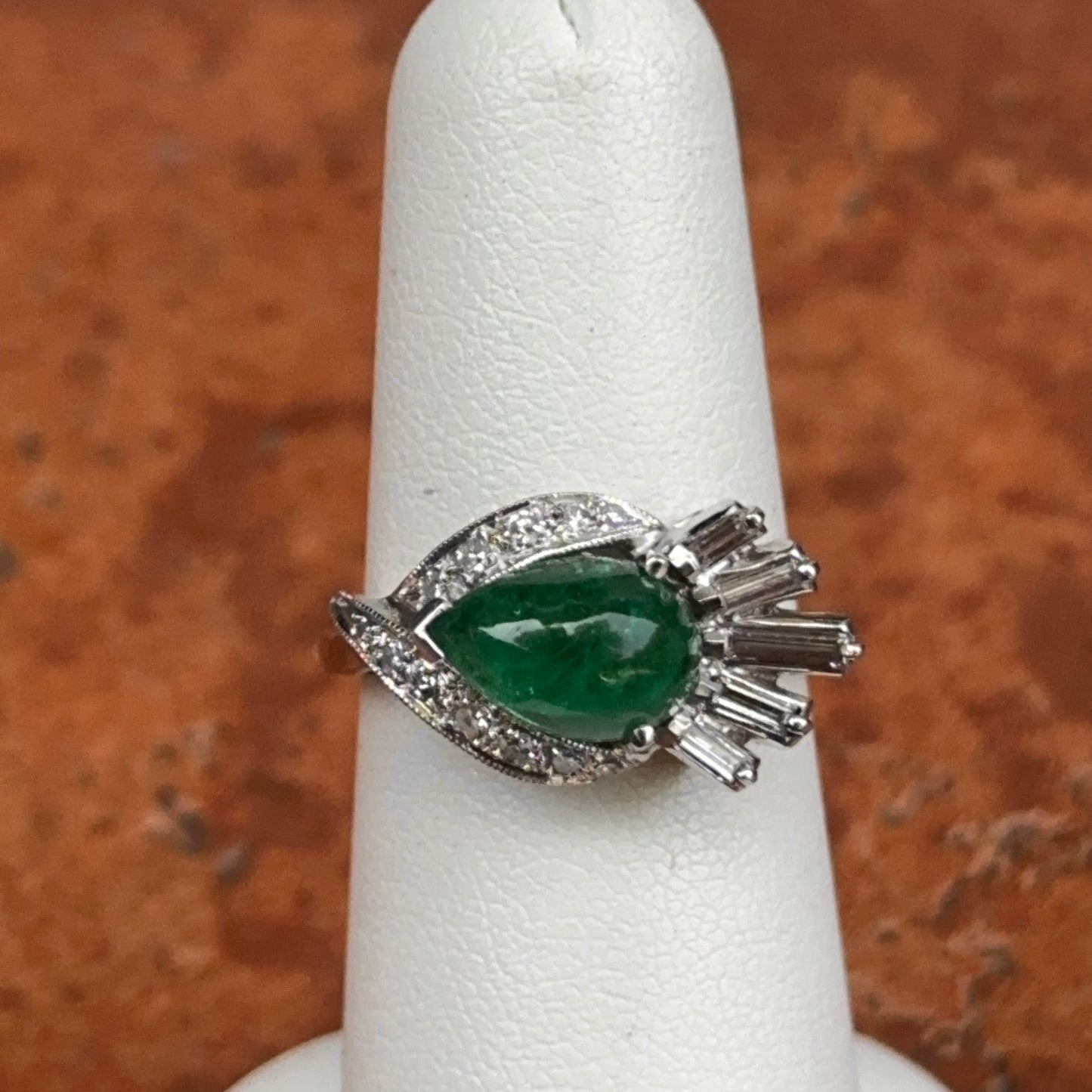 14KT White Gold Pear Cabochon Emerald + Diamonds Ring