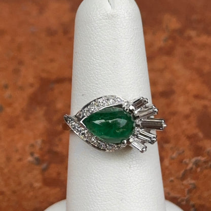 14KT White Gold Pear Cabochon Emerald + Diamonds Ring