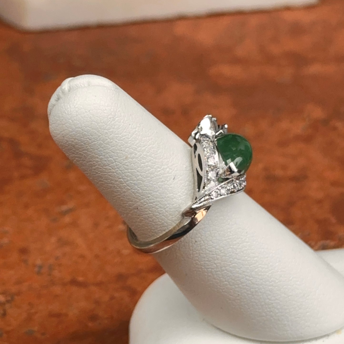14KT White Gold Pear Cabochon Emerald + Diamonds Ring