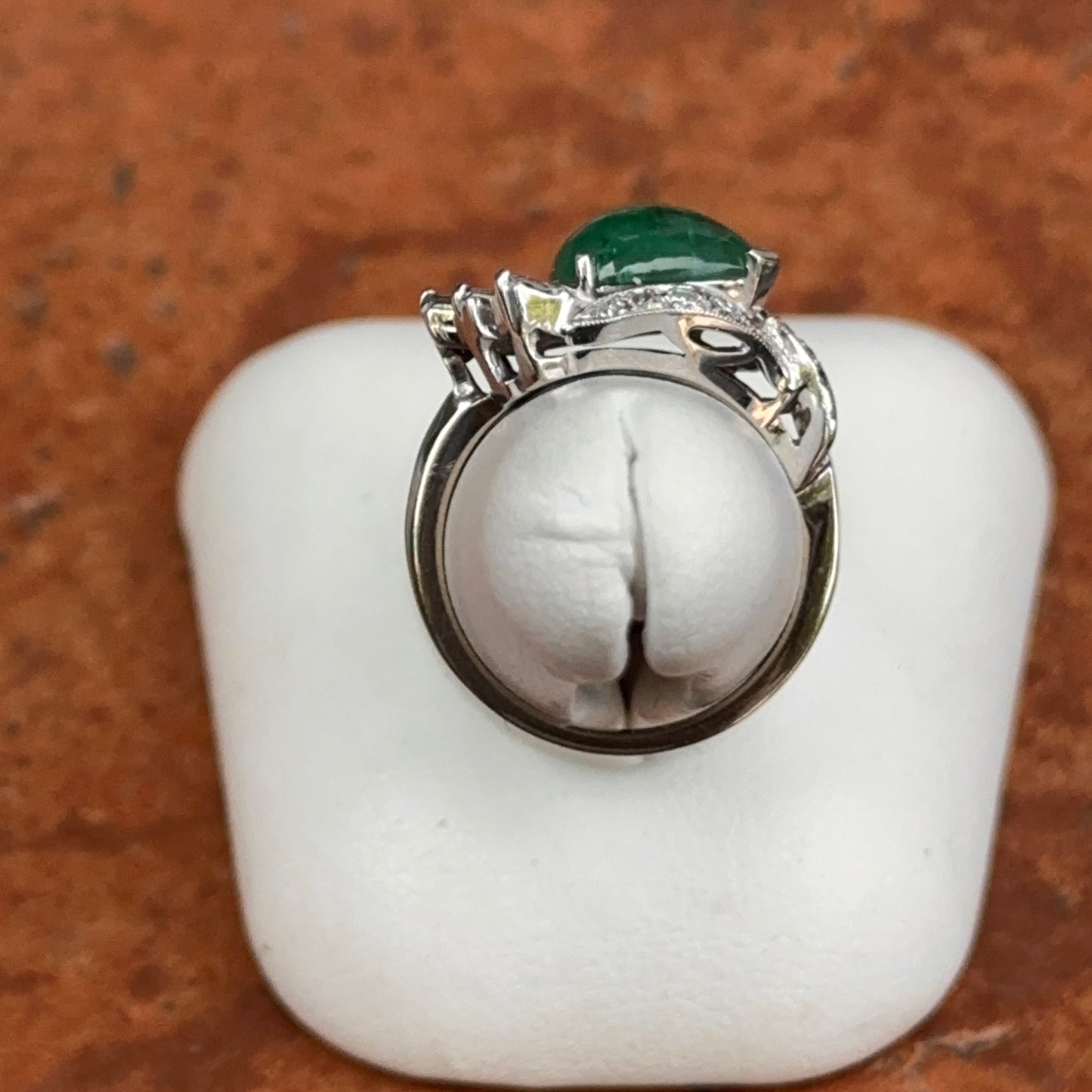 14KT White Gold Pear Cabochon Emerald + Diamonds Ring