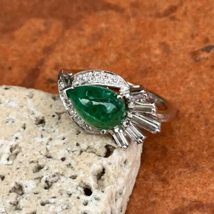 14KT White Gold Pear Cabochon Emerald + Diamonds Ring