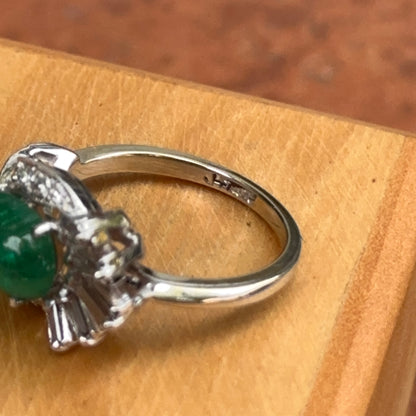 14KT White Gold Pear Cabochon Emerald + Diamonds Ring