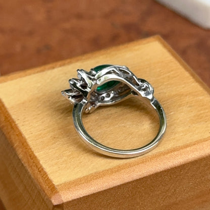 14KT White Gold Pear Cabochon Emerald + Diamonds Ring