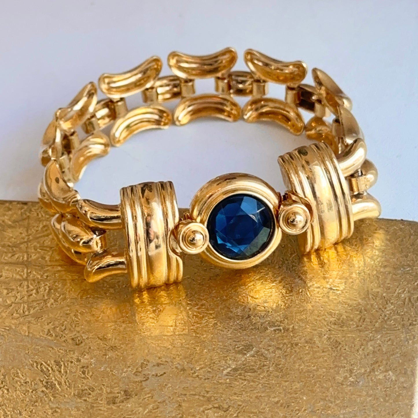 Yellow Gold-Plated Kenneth Jay Lane Wide Link Round Blue Stone Bracelet