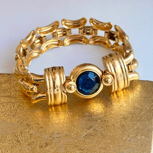 Yellow Gold-Plated Kenneth Jay Lane Wide Link Round Blue Stone Bracelet