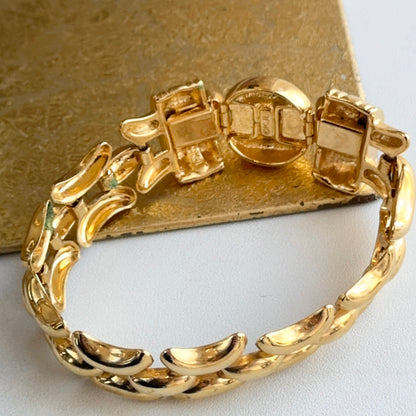 Yellow Gold-Plated Kenneth Jay Lane Wide Link Round Blue Stone Bracelet