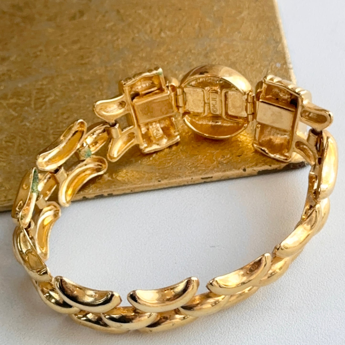 Yellow Gold-Plated Kenneth Jay Lane Wide Link Round Blue Stone Bracelet