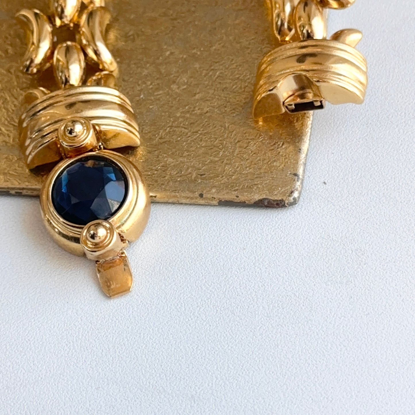 Yellow Gold-Plated Kenneth Jay Lane Wide Link Round Blue Stone Bracelet
