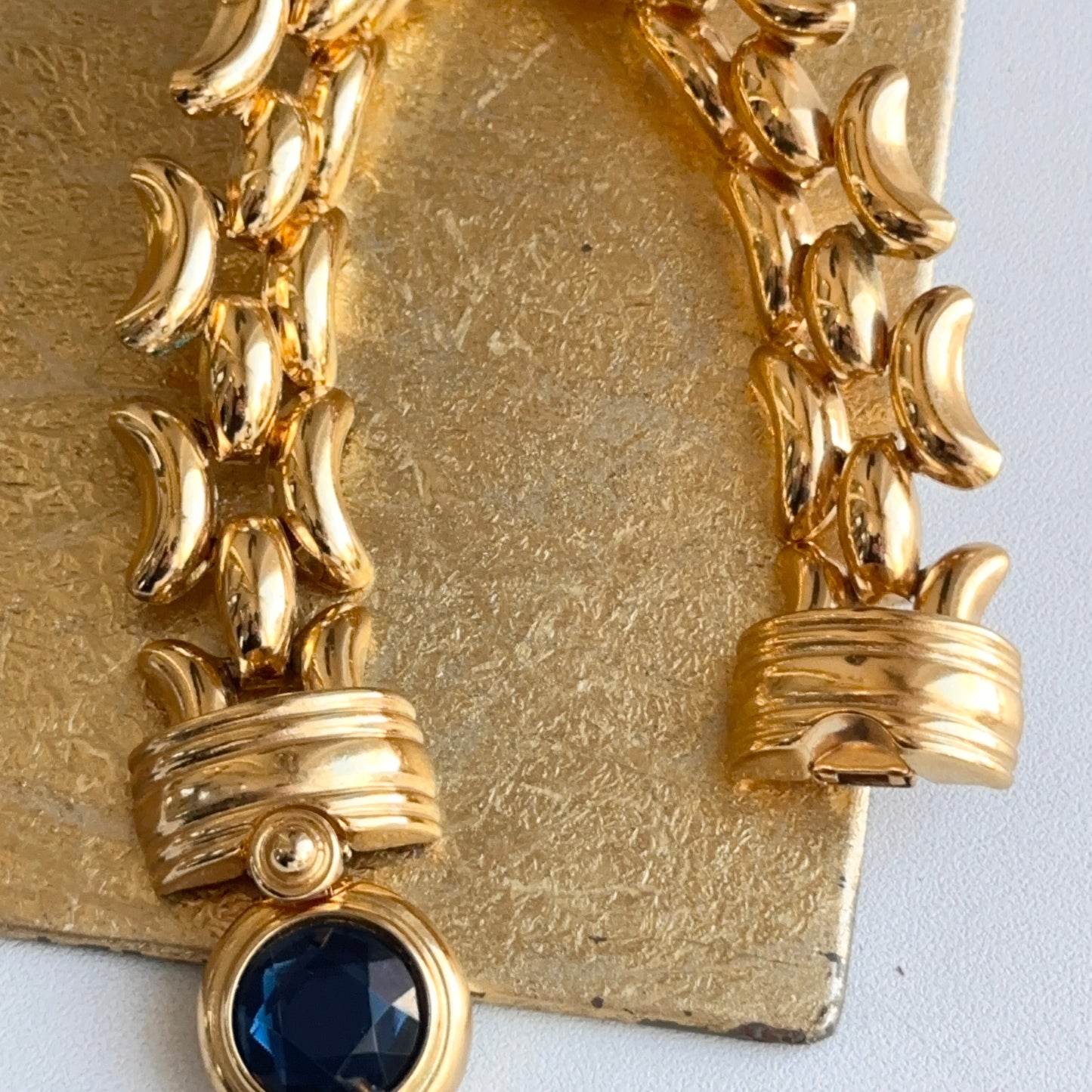 Yellow Gold-Plated Kenneth Jay Lane Wide Link Round Blue Stone Bracelet
