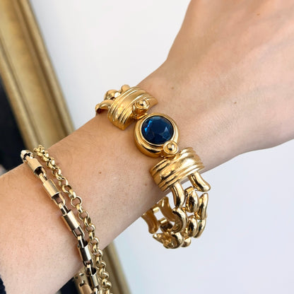 Yellow Gold-Plated Kenneth Jay Lane Wide Link Round Blue Stone Bracelet