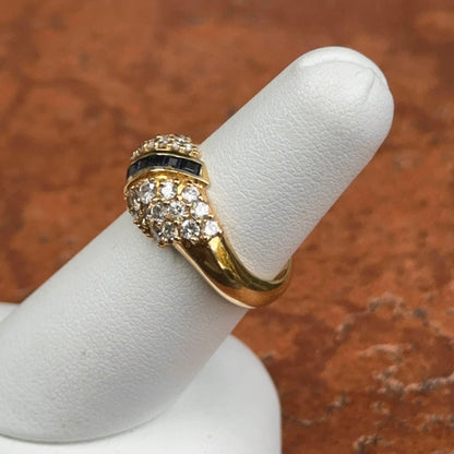 Estate 18KT Yellow Gold Princess Cut Sapphire + Bead Set DiamondRing