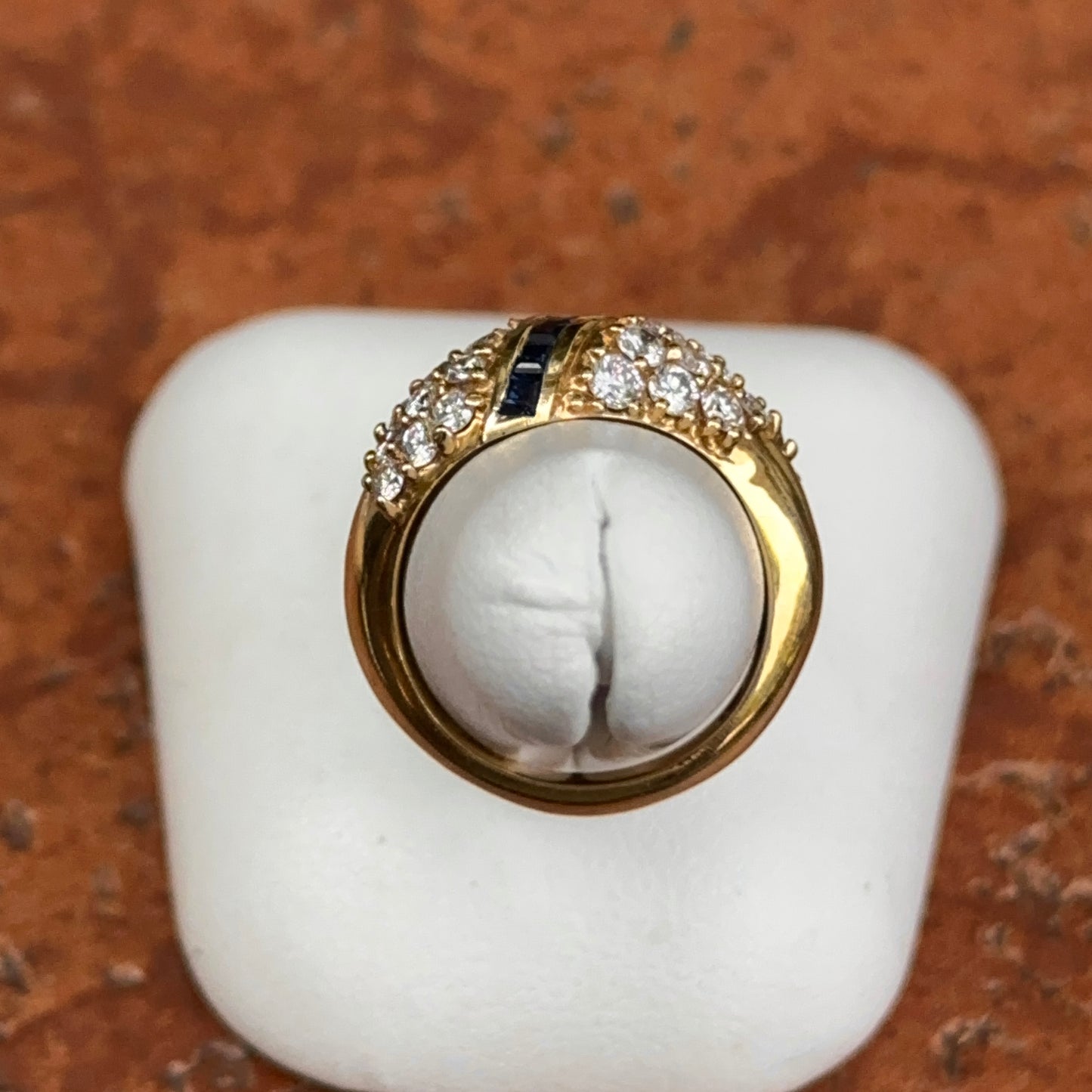 Estate 18KT Yellow Gold Princess Cut Sapphire + Bead Set DiamondRing