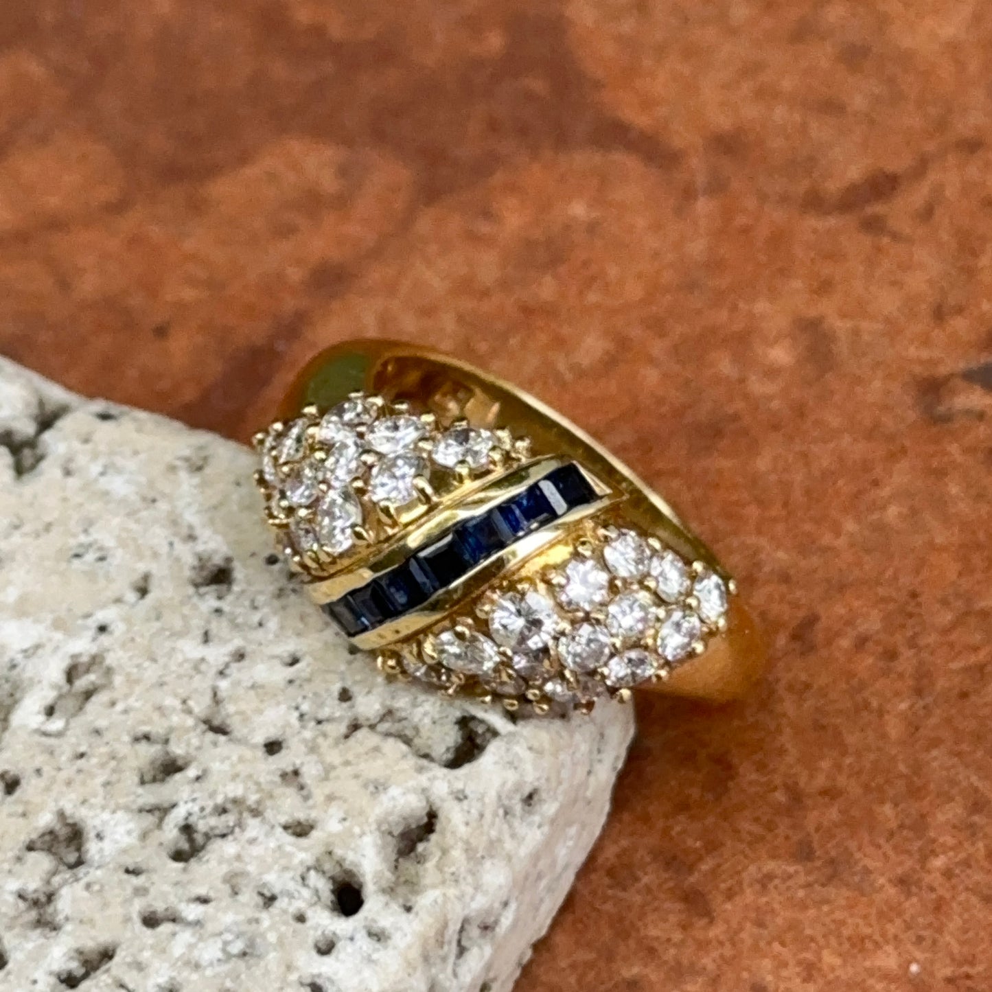 Estate 18KT Yellow Gold Princess Cut Sapphire + Bead Set DiamondRing