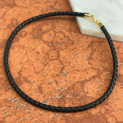 14KT Yellow Gold Black Braided Leather 5mm Cord Necklace