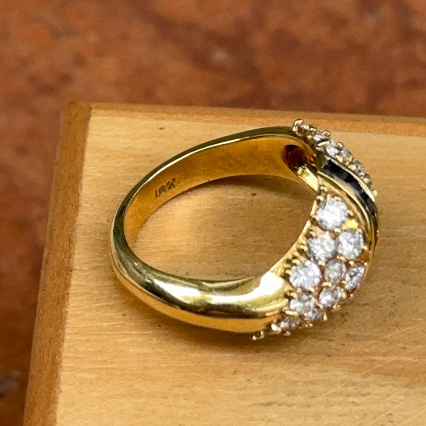 Estate 18KT Yellow Gold Princess Cut Sapphire + Bead Set DiamondRing