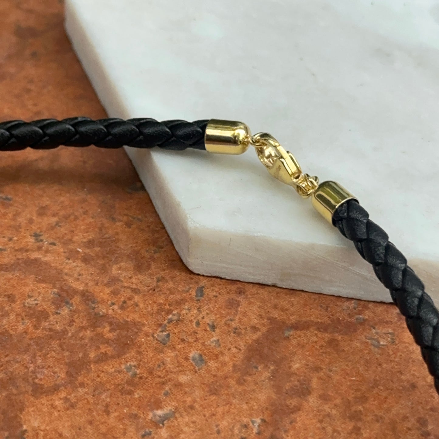14KT Yellow Gold Black Braided Leather 5mm Cord Necklace