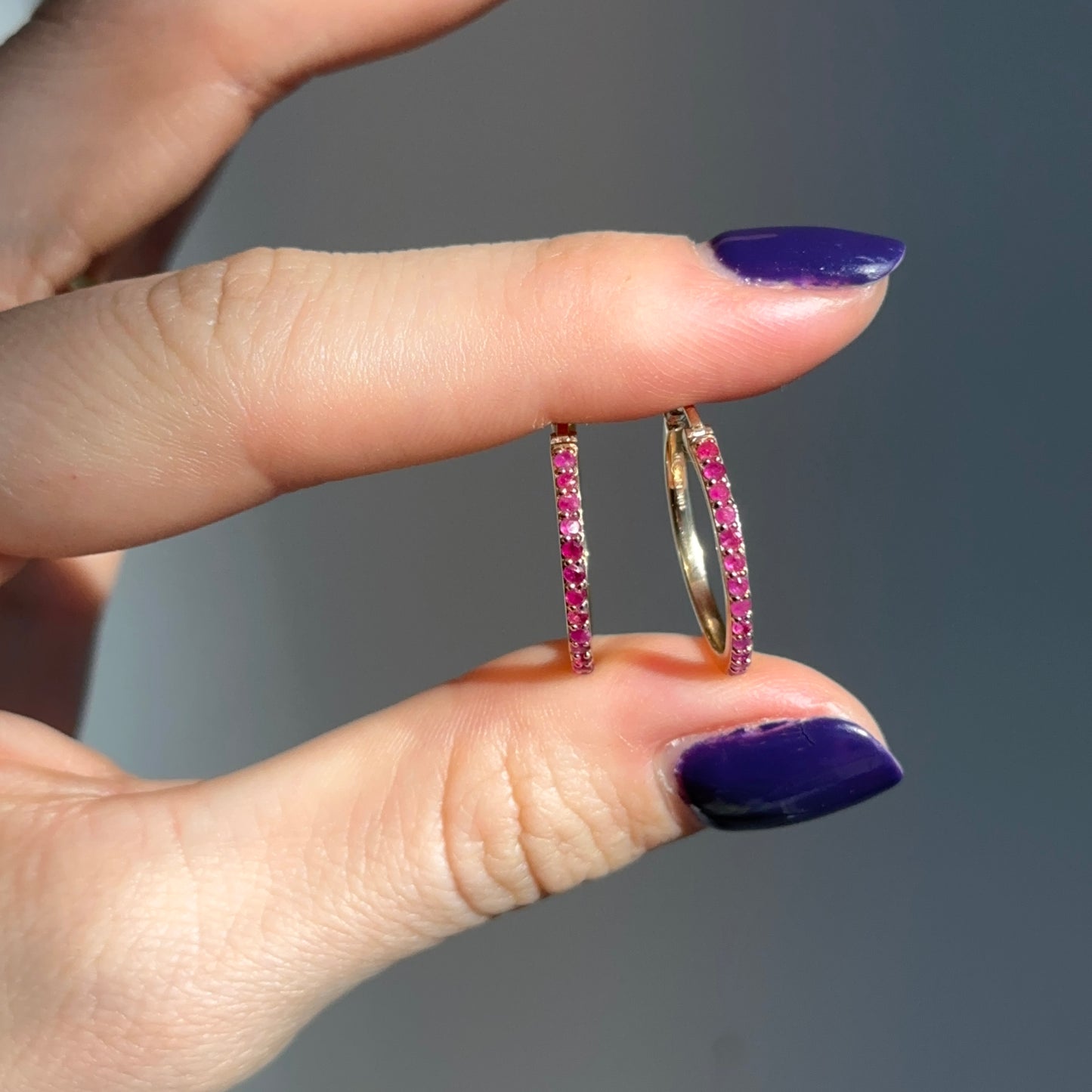 10KT Yellow Gold Round Ruby Hoop Earrings 16mm