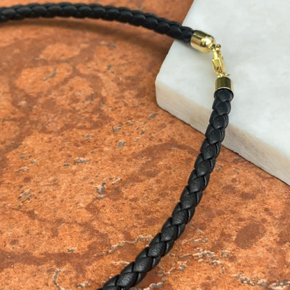 14KT Yellow Gold Black Braided Leather 5mm Cord Necklace