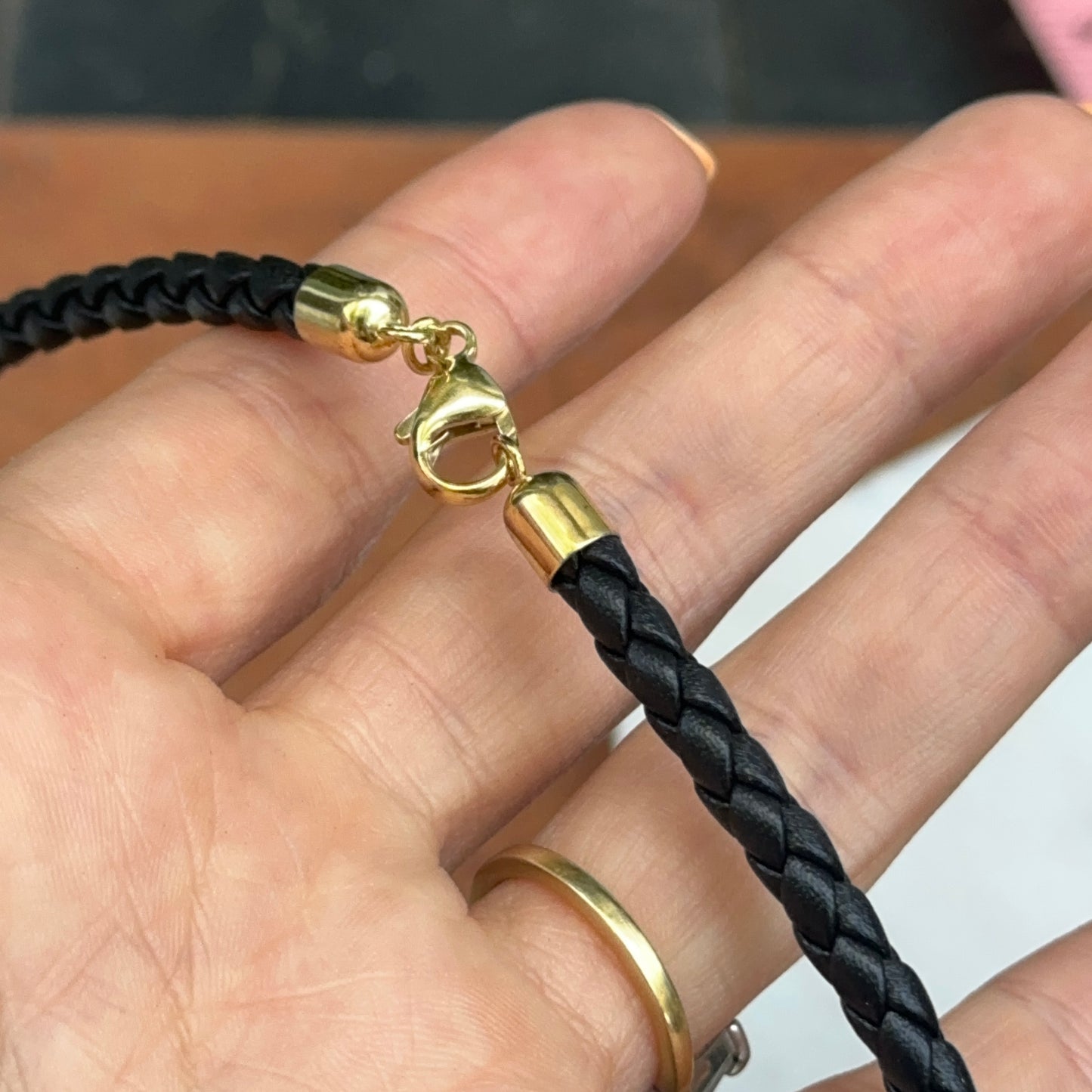 14KT Yellow Gold Black Braided Leather 5mm Cord Necklace